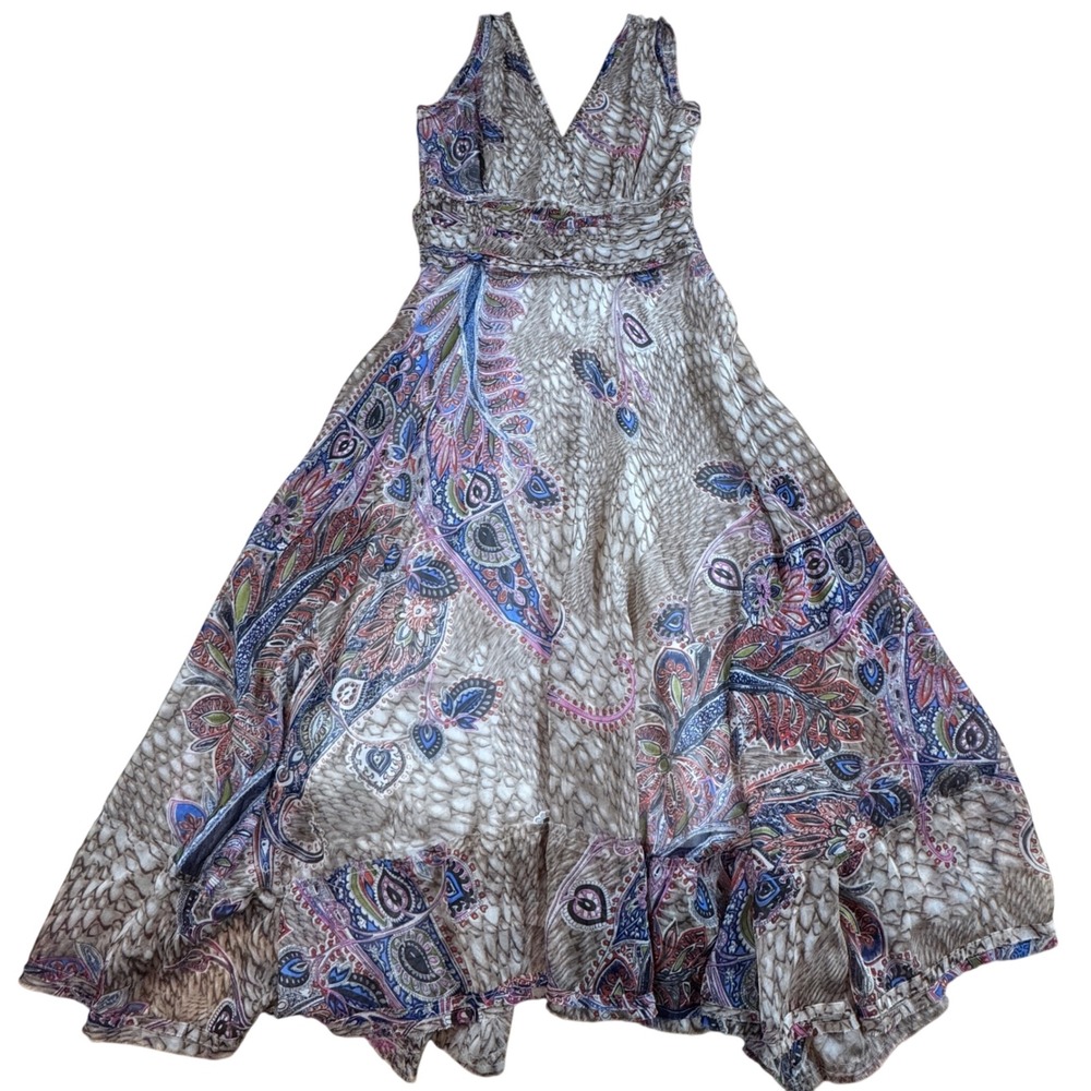 Artisan De Luxe Paisley Feather Print V-Neck Midi Dress S Boho Whimsical Cottage